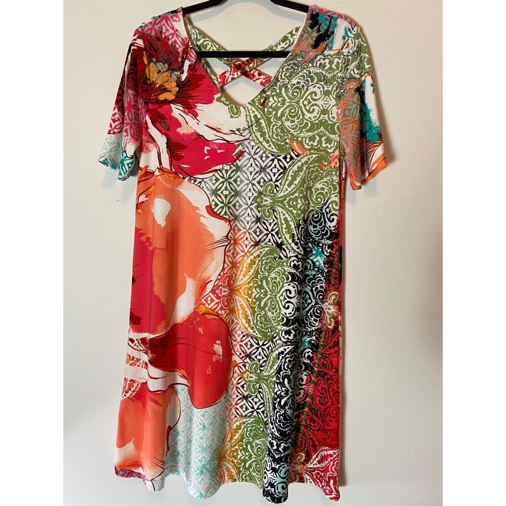 Chicos Multicolor Petite A-Line Dress Short Sleeve Stretchy V-Neck Cutout Medium